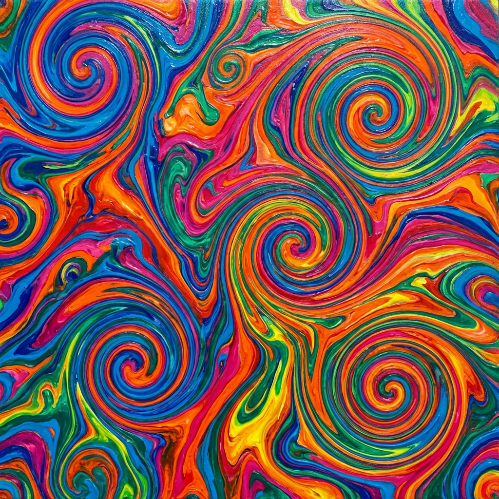 Vibrant abstract painting featuring thick, colorful swirls of blue, orange, and pink paint.
